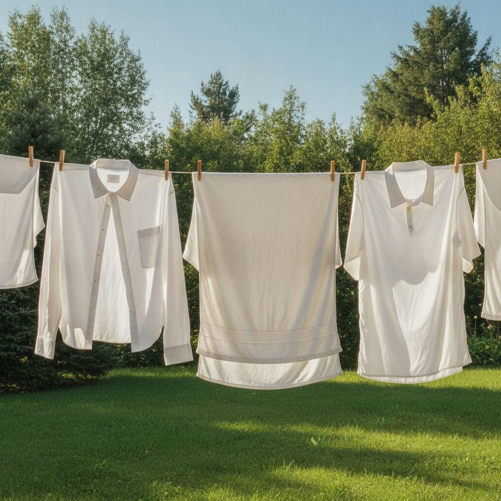 Freshly washed clothes line-drying on a backyard clothesline in bright sunshine, the right way to line-dry clothes