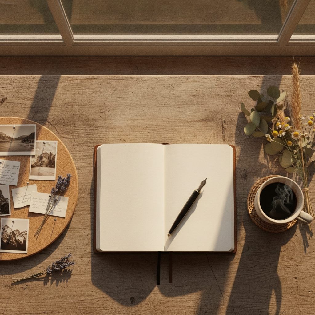 A journal, pen, and small vision board on a sunny desk, a grounded way to set goals during the Lion's Gate Portal