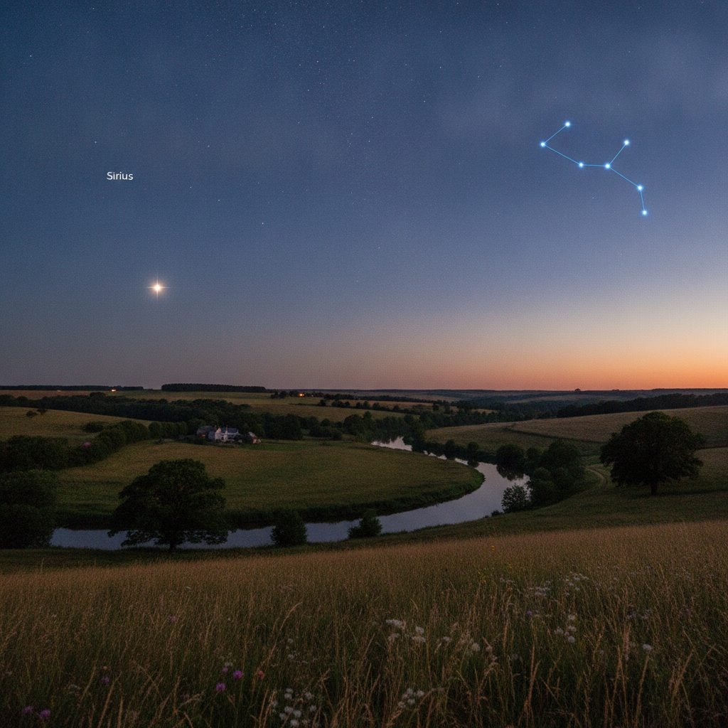The bright star Sirius and Orion over a calm late-summer sky, the real astronomy behind the Lion's Gate Portal on 8/8