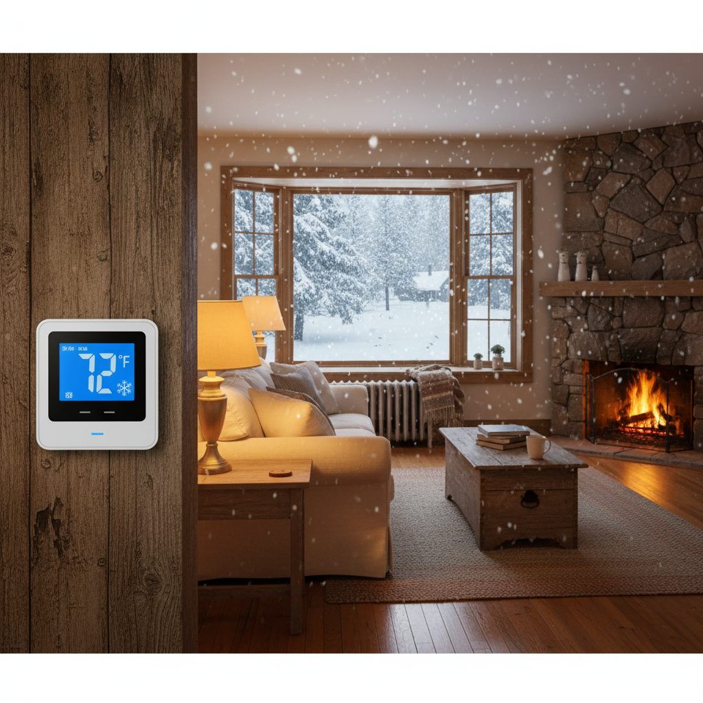 Cozy living room with a programmable thermostat and snow outside the window, illustrating ways to lower your heating bill.
