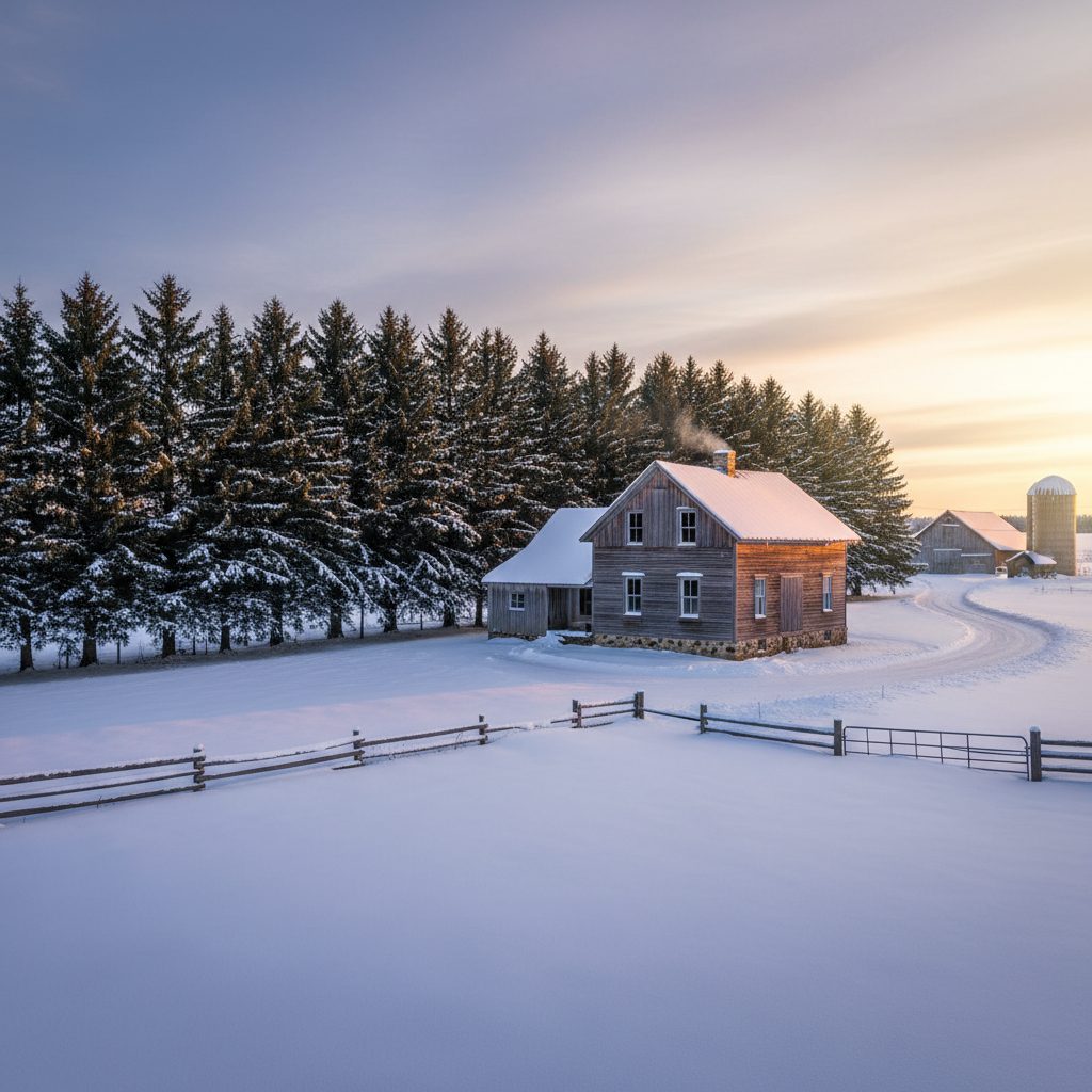 Rural home with a tall spruce windbreak on the north side, a landscape technique to lower your heating bill.