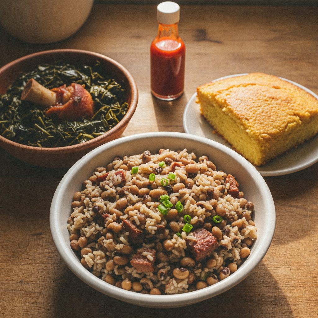 Southern New Year's plate with hoppin' John black-eyed peas collard greens with ham hock and golden cornbread