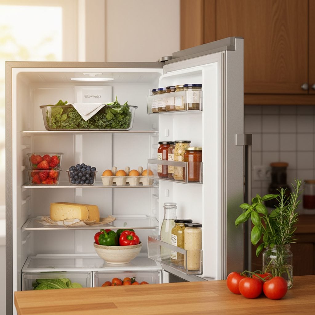 An organized fridge with greens in glass containers, berries in clamshells, eggs in a wooden carton, and wax-paper cheese, with tomatoes stem-down on the counter