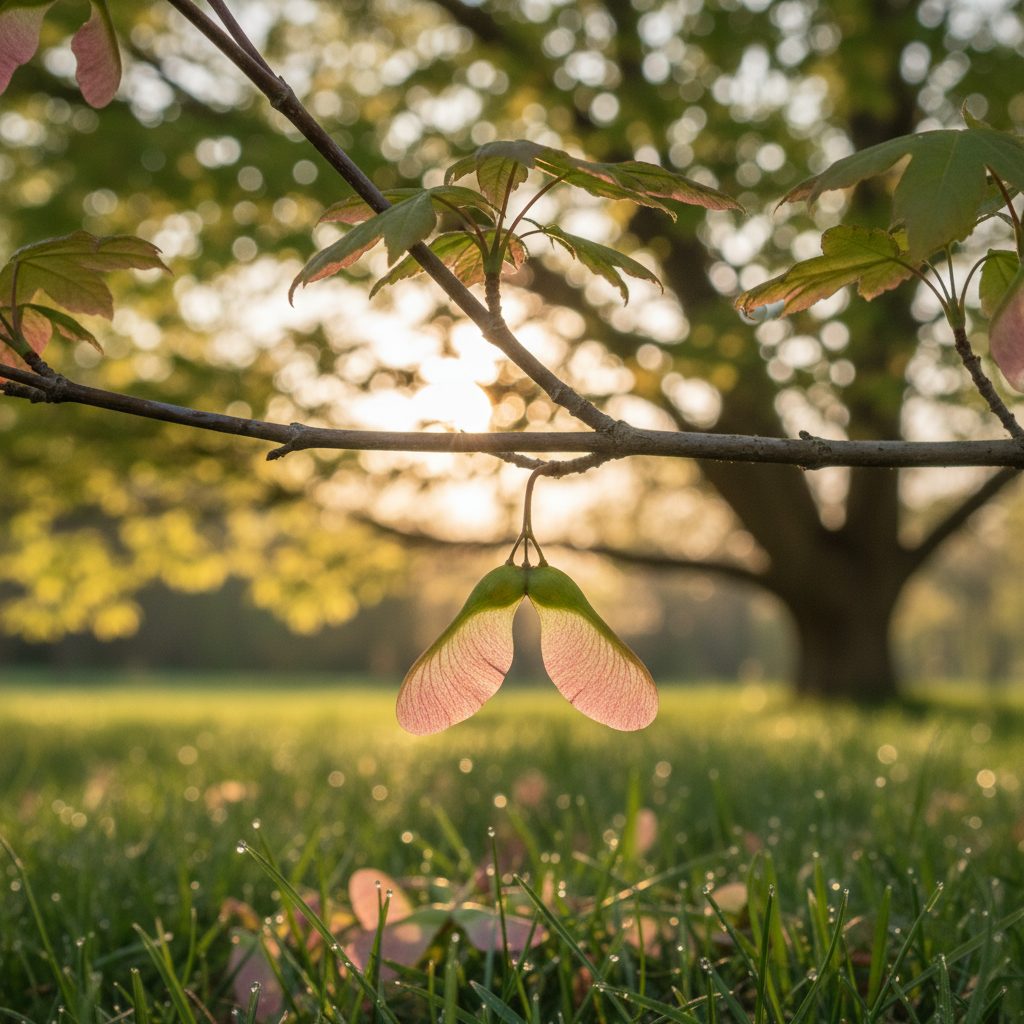 A paired red maple samara still on the branch, soft pink-green wings backlit by late spring sun with a green maple canopy behind