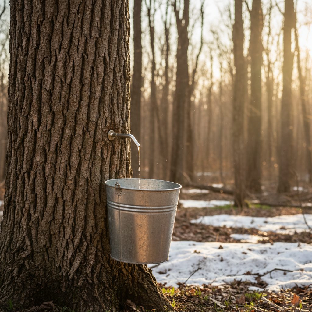 Galvanized sap bucket on a sugar maple tap in a Vermont sugarbush at golden hour, illustrating maple syrup facts
