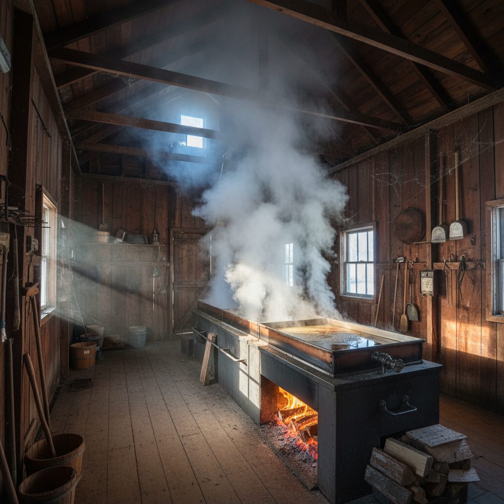 New England sugarhouse at peak boil with steam rising from a wood-fired evaporator pan of finishing amber maple syrup facts