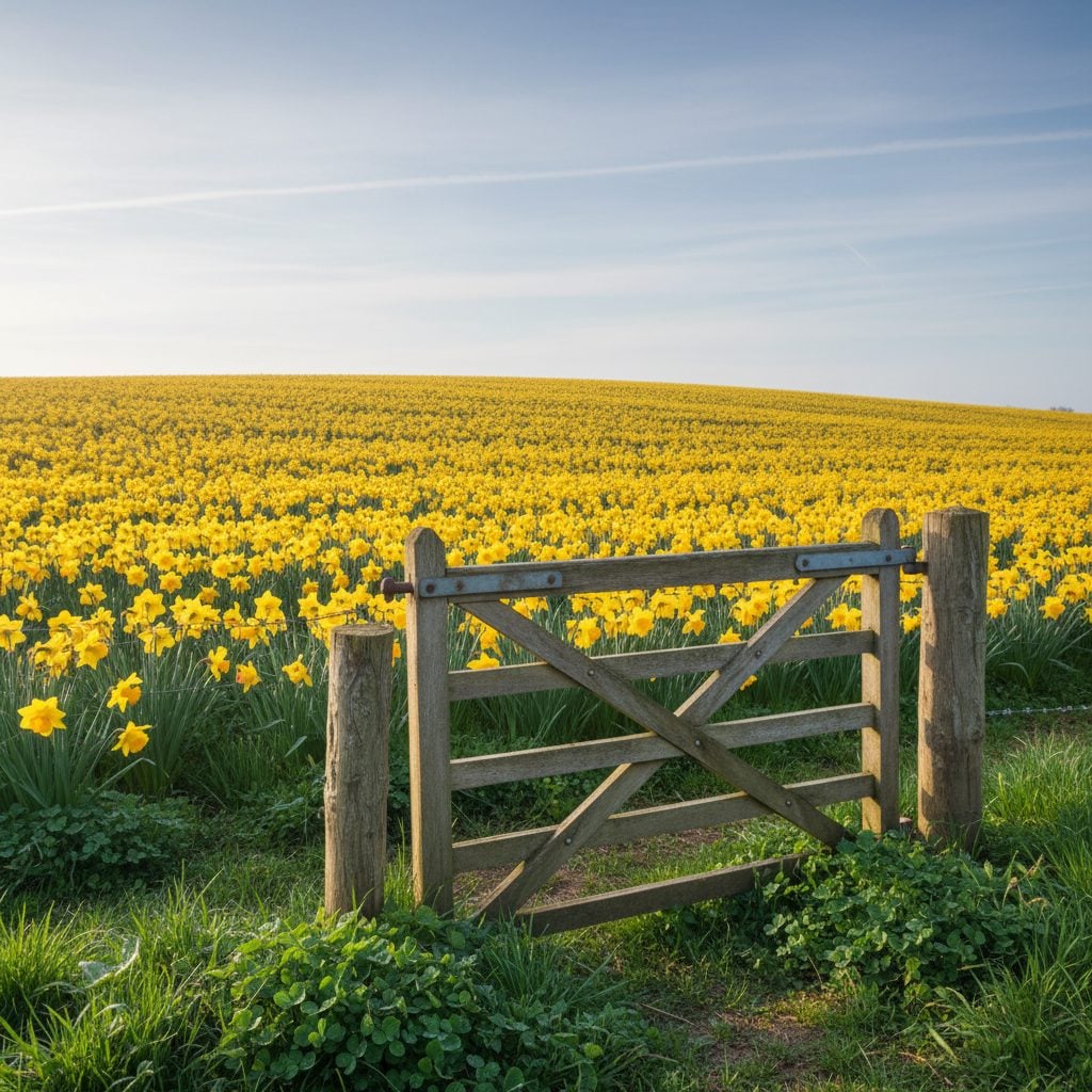 March birth flower yellow daffodils in full bloom across a hillside meadow at dawn beside a weathered wooden farm gate under a pale blue early spring sky