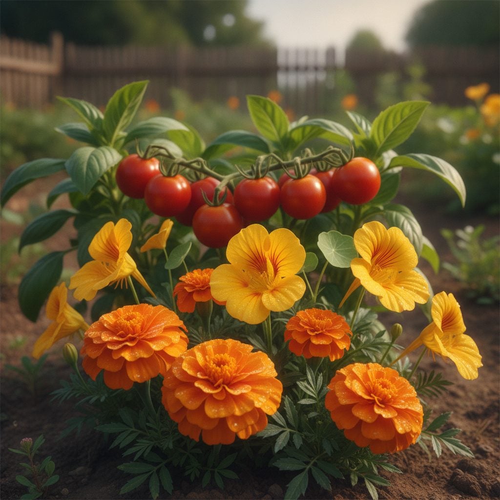 Bright marigold and nasturtium flowers blooming next to tomato plants and basil in a companion planted garden bed.