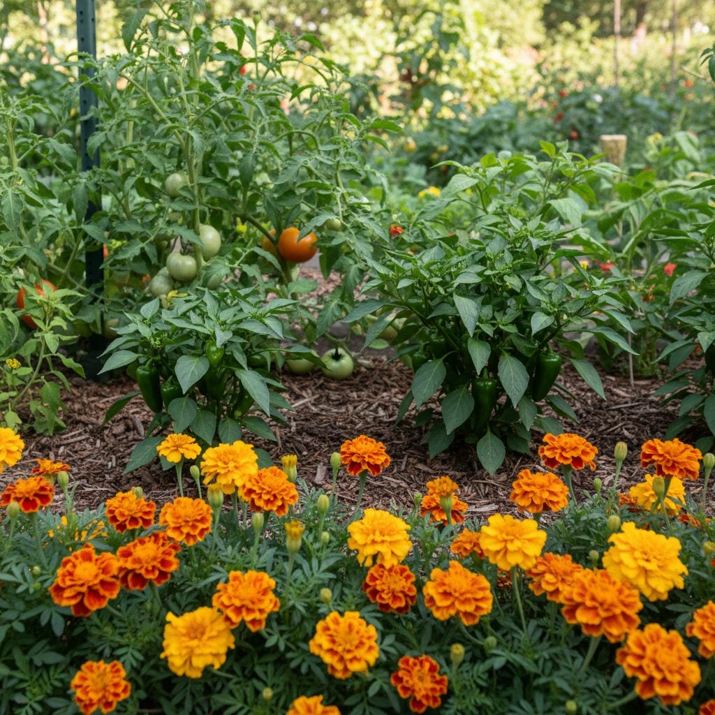 Orange marigolds bordering a tomato and pepper bed as natural plants to keep bugs away from a vegetable garden in summer.