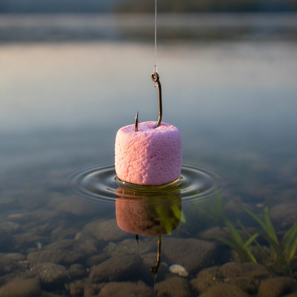 Small bright pink marshmallow on a fishhook just at the surface of clear lake water in soft dawn light.