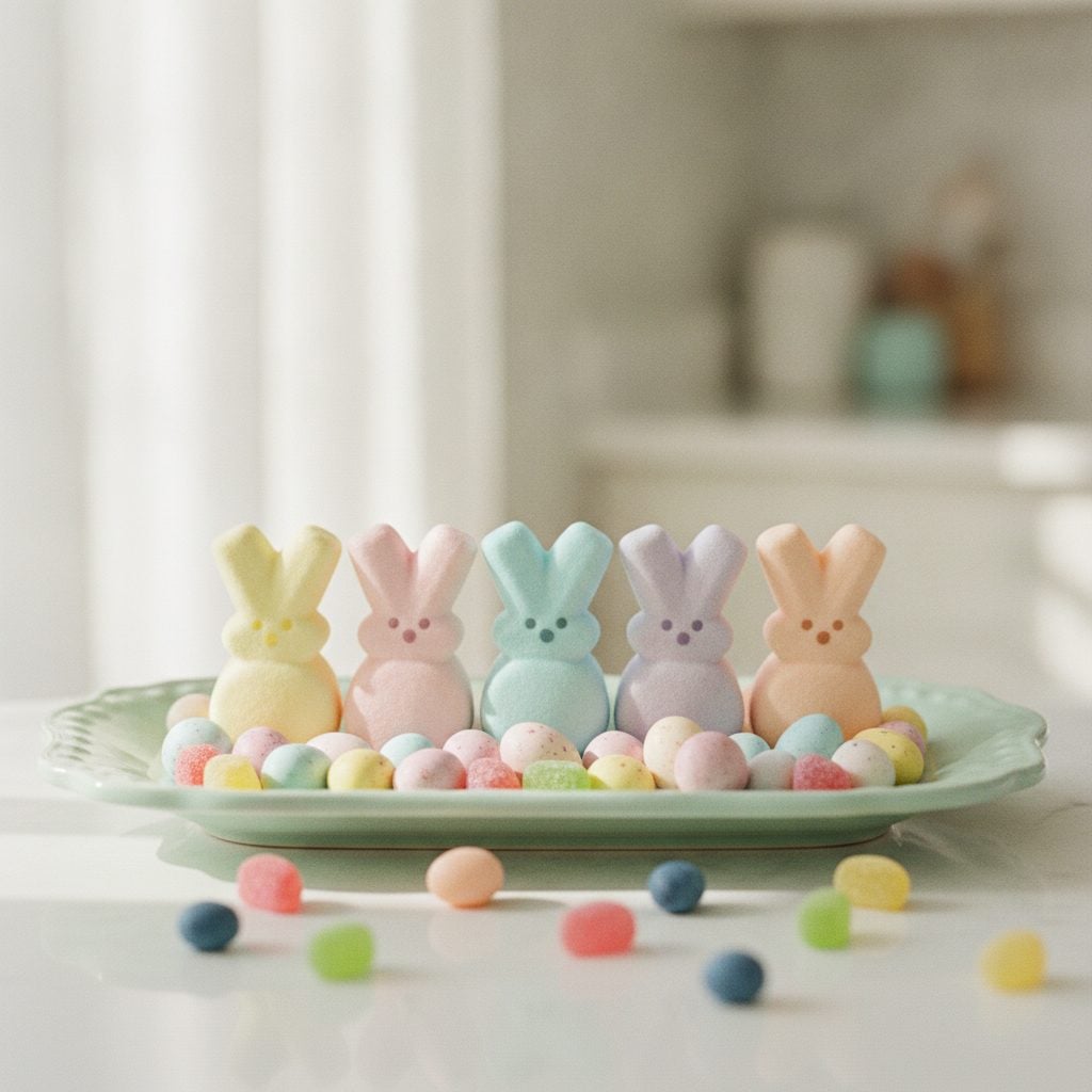 Pastel marshmallow Peeps chicks in yellow pink blue lavender and orange on an Easter platter