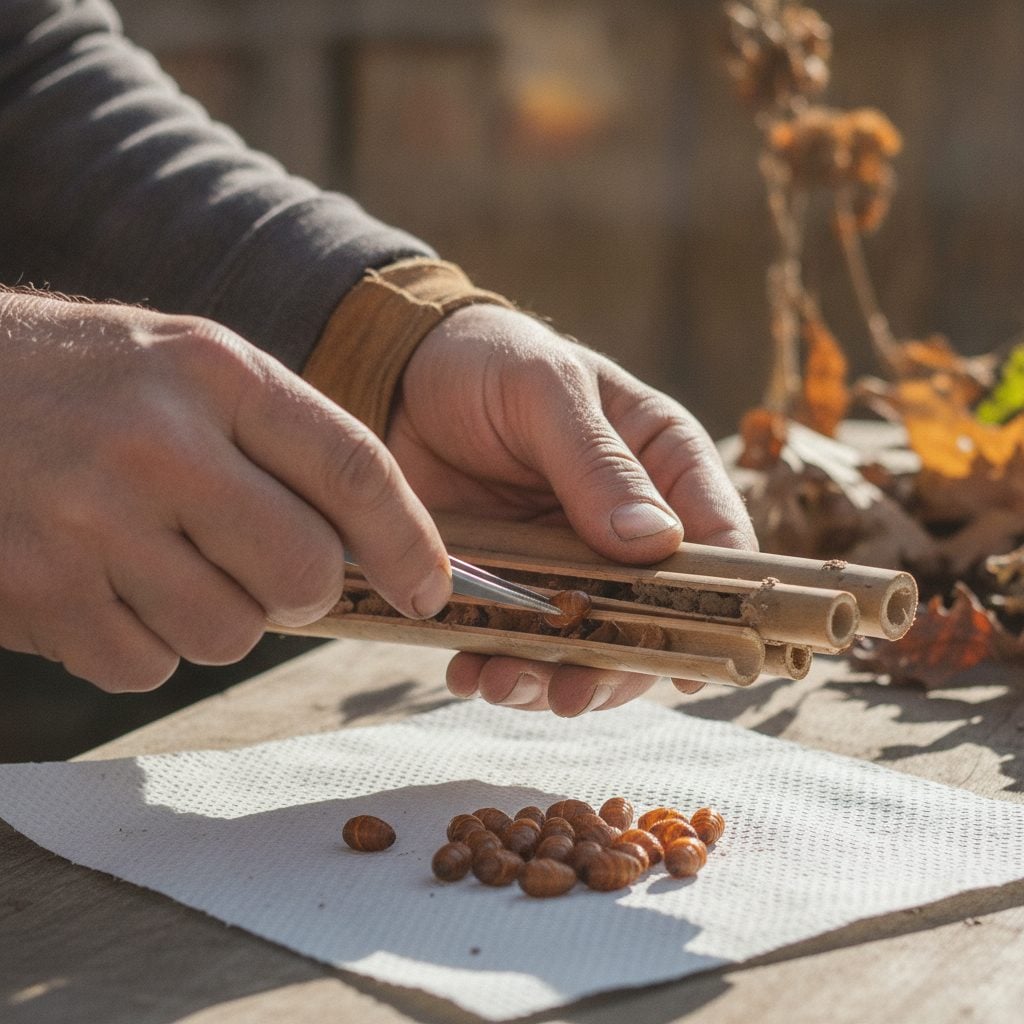 Gardener gently harvesting brown mason bee cocoons from opened bamboo tubes onto a white paper towel in late October.