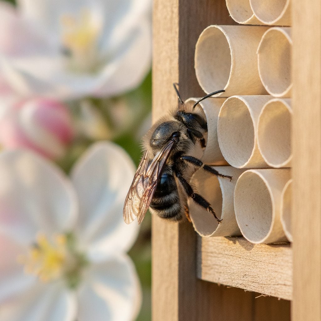 Native mason bee (Osmia lignaria) entering a paper-lined nesting tube of a wooden bee house with apple blossoms in the background.