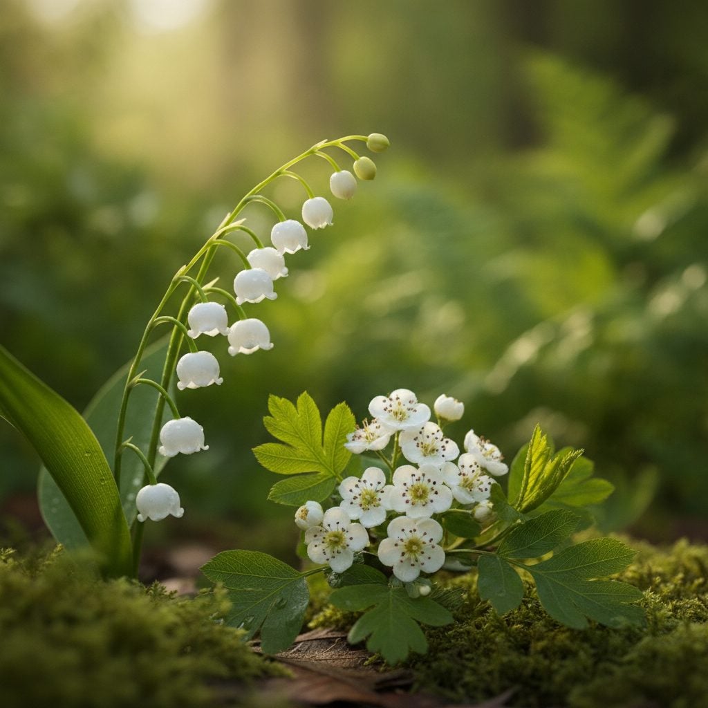 White bell-shaped lily of the valley and white hawthorn blossoms, the May birth flower pairing, in soft spring light