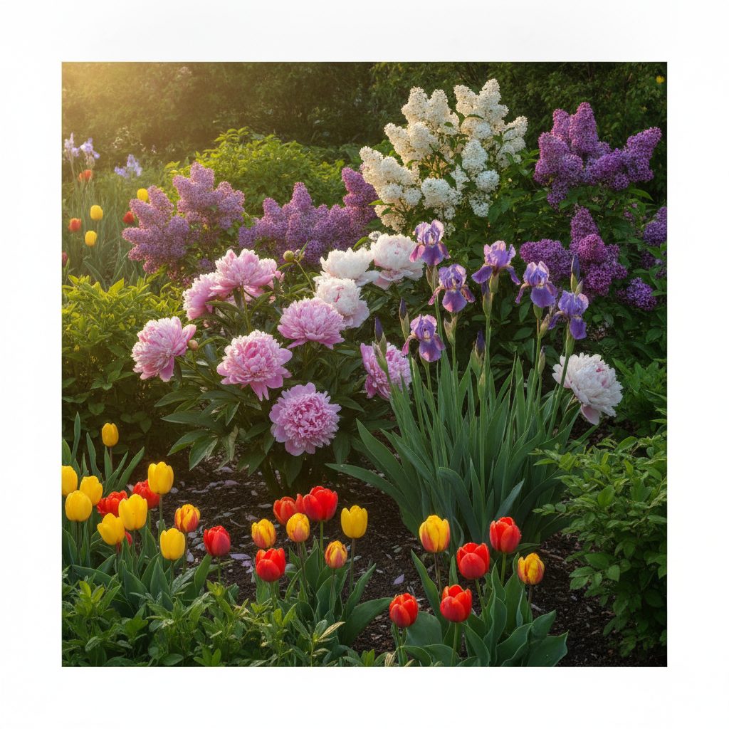 Vibrant May garden bed in full bloom with peonies, lilacs, irises, and tulips in soft late May morning light.