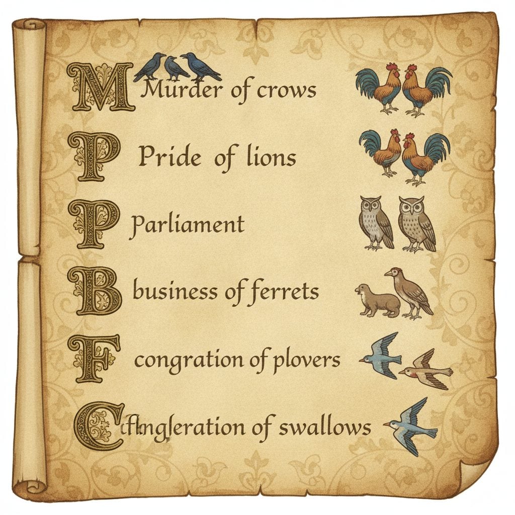 Painted illustration of a medieval manuscript page listing collective nouns with small illustrations of birds and animals on parchment.