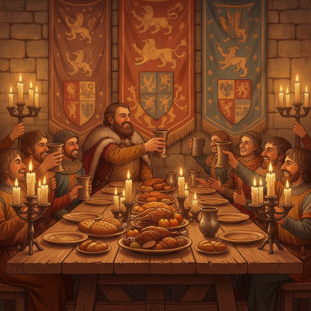 Painted scene of a medieval European feast with pewter goblets being raised in a toast over candlelit long table.