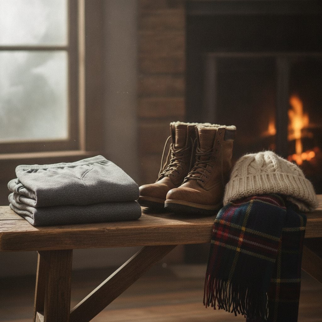 Cozy folded grey merino wool long johns on a wooden bench beside warm winter boots, a wool hat, and a thick scarf in soft winter morning light.
