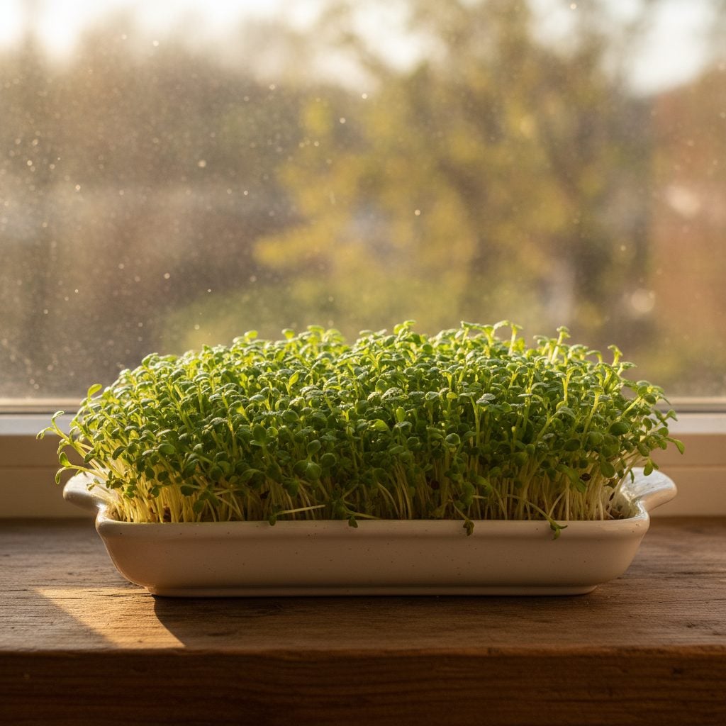 Shallow tray of bright green microgreens ready for harvest on a sunny kitchen windowsill in soft morning light.