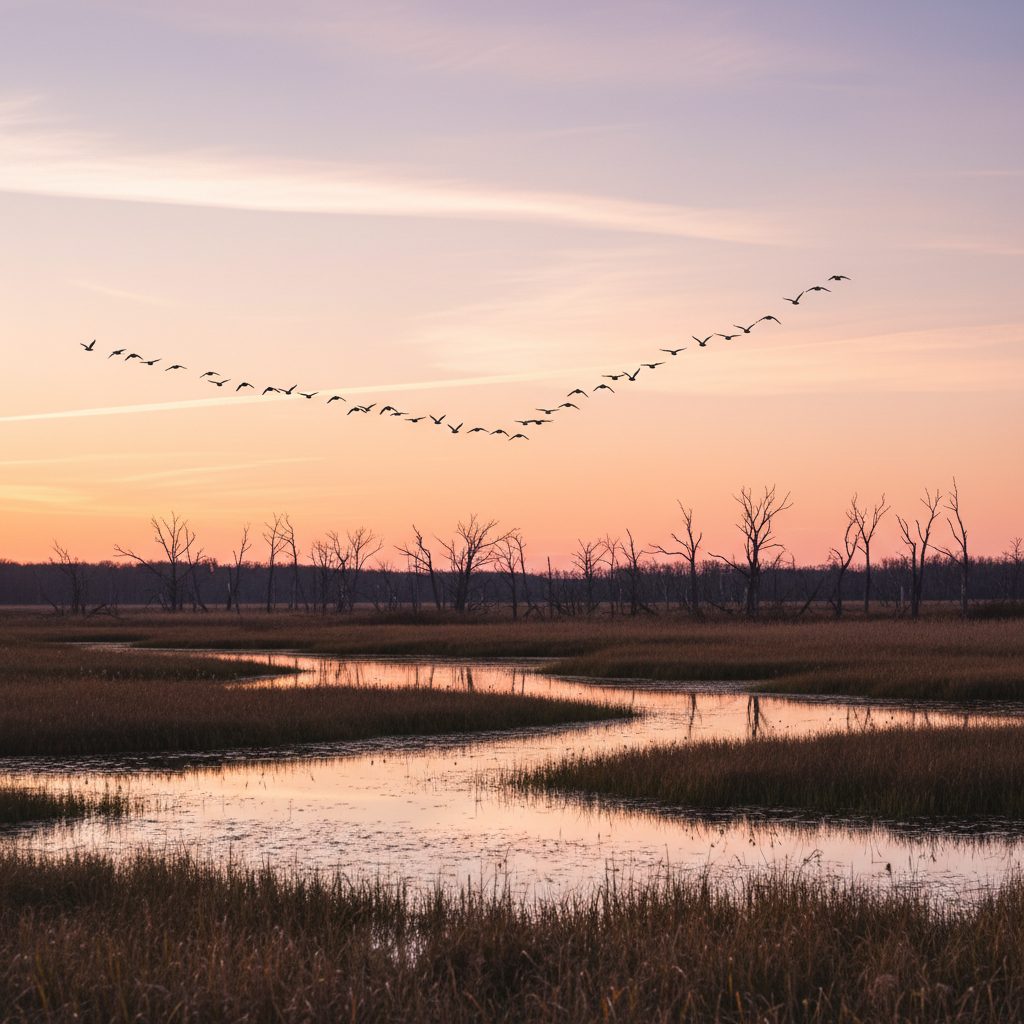 A V-shaped formation of Canada geese silhouetted against a soft pink and lavender autumn sunset over a marshy wetland with bare trees below