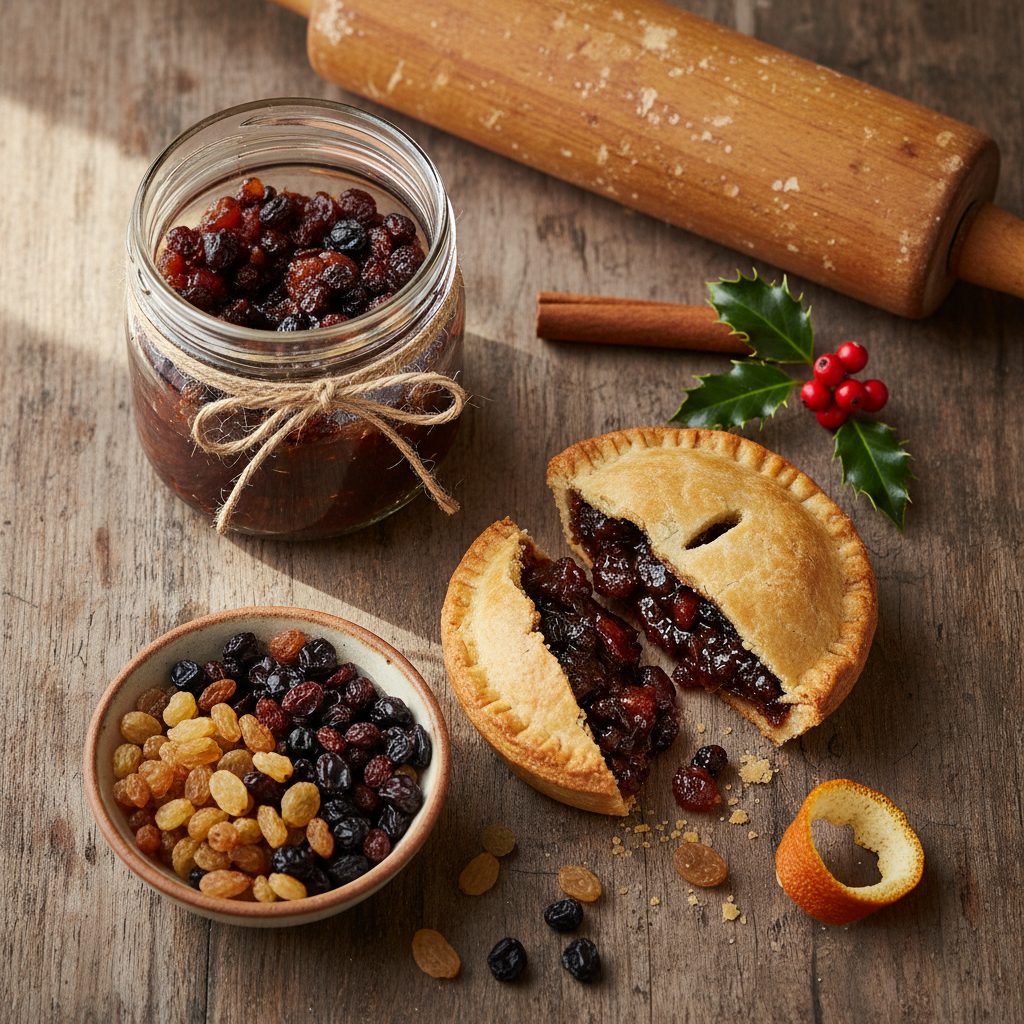 Christmas mincemeat scene: a cut mince pie showing dark glossy fruit filling, a jar of homemade mincemeat, raisins, currants, cinnamon, orange peel, and a sprig of holly on a wooden counter