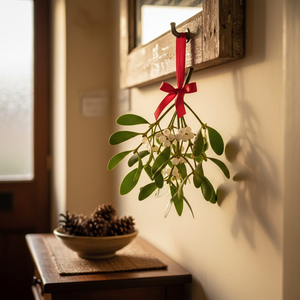 Sprig of mistletoe with white berries tied with red ribbon hanging from a wooden doorway in a warm farmhouse hallway