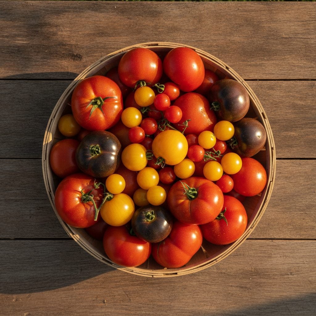 Wooden basket of mixed harvested tomatoes in red, yellow, orange, and purple on a wooden farmstand table in late afternoon light.