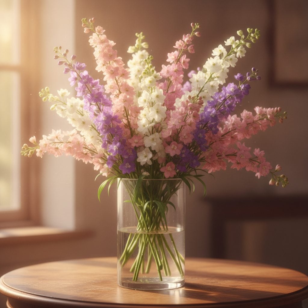 Mixed pink white and purple larkspur cut-flower bouquet in a tall glass vase on a wooden table in soft morning light.