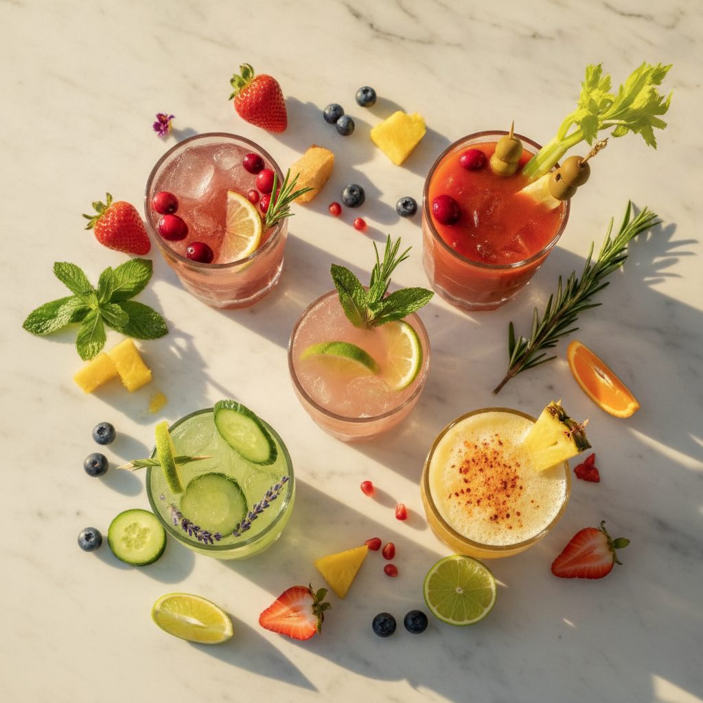 Six colorful mocktails on a marble bar with garnishes: virgin mojito, pomegranate spritz, cucumber lavender lemonade, spicy pineapple, cranberry ginger fizz, and Bloody Mary