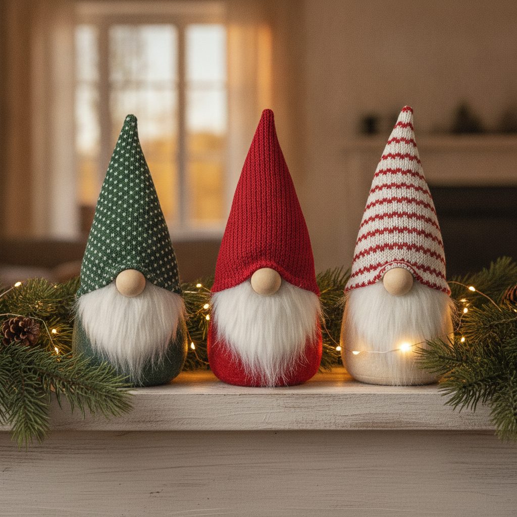 Row of modern decorative Scandinavian-style Christmas gnomes on a wooden mantel beside fresh pine garland and warm white lights.
