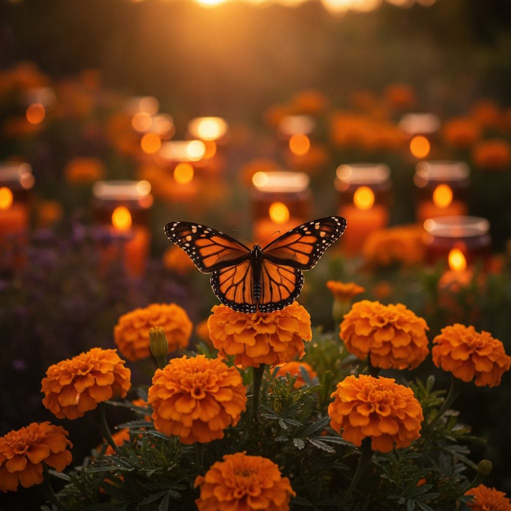 Single monarch butterfly resting on bright orange marigold flowers at dusk, a Day of the Dead sign of a returning ancestor.