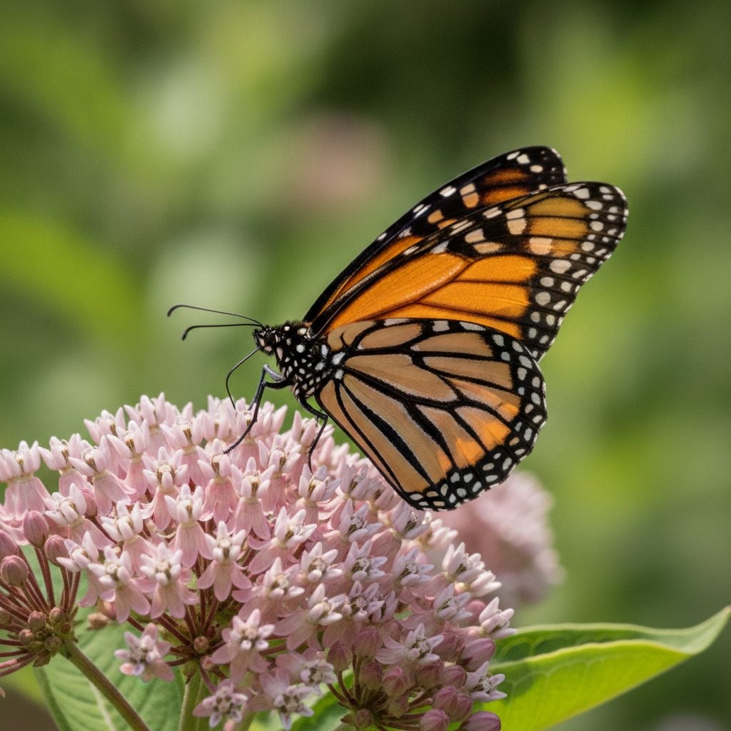 A monarch butterfly with orange and black wings rests on pink milkweed flowers in a sunny pollinator garden