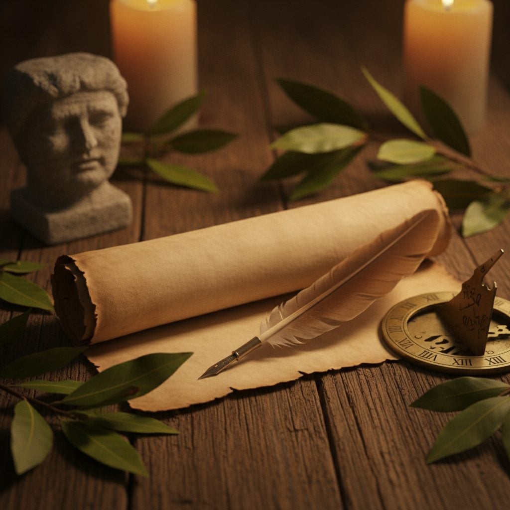 Antique Roman calendar scroll with laurel and a two-faced Janus bust illustrating the origins of the month names