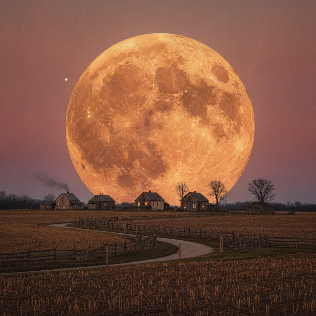 Dramatically large orange full moon rising just above a rural farmhouse rooftop, the famous moon illusion in action.