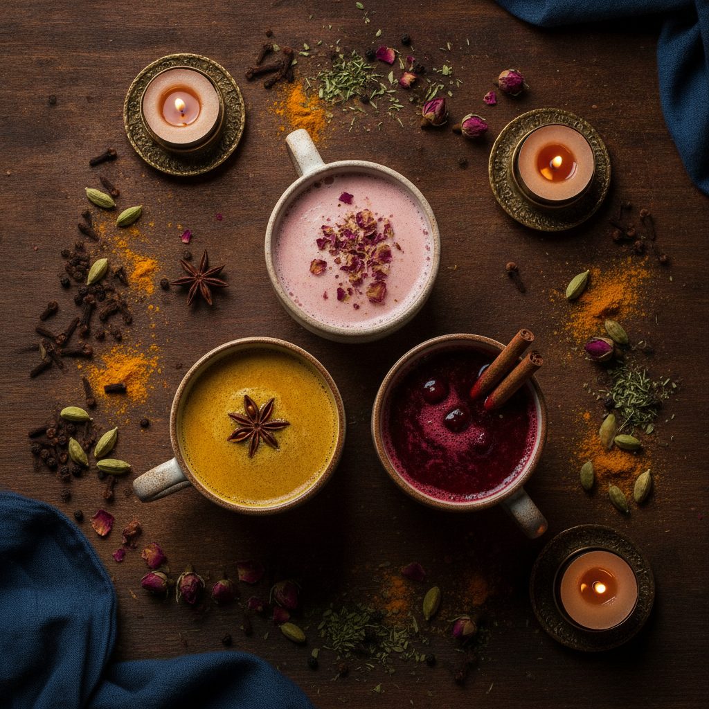 Three cups of moon milk arranged on a dark table: pink strawberry, golden turmeric, and deep red cherry