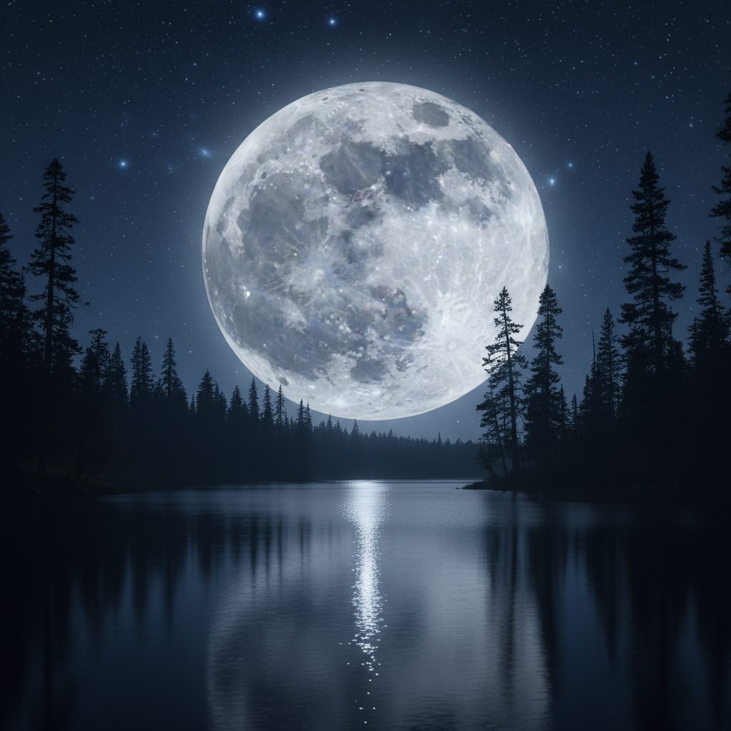 Giant full Moon rising over a still mountain lake at night with the dark maria forming the Man-in-the-Moon face shape and reflections across the water