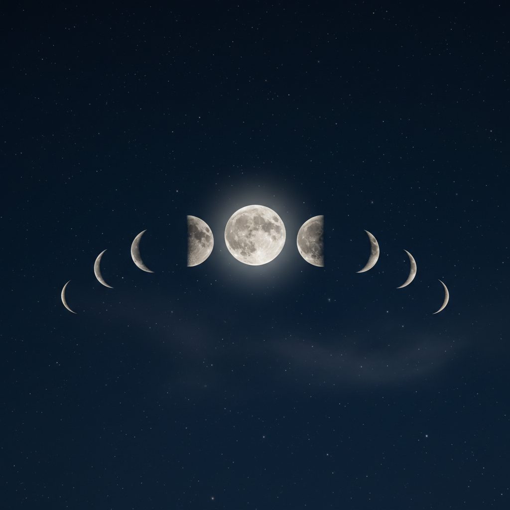 All 8 moon phases arranged in an arc across a starry night sky: New, Waxing Crescent, First Quarter, Waxing Gibbous, Full, Waning Gibbous, Last Quarter, Waning Crescent