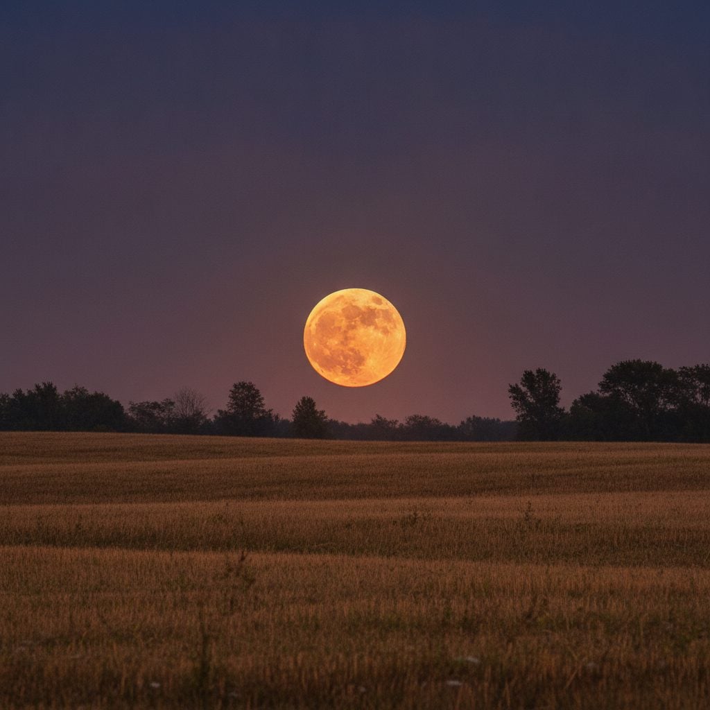Full moon rising orange in the east just above the horizon over a rural twilight landscape.