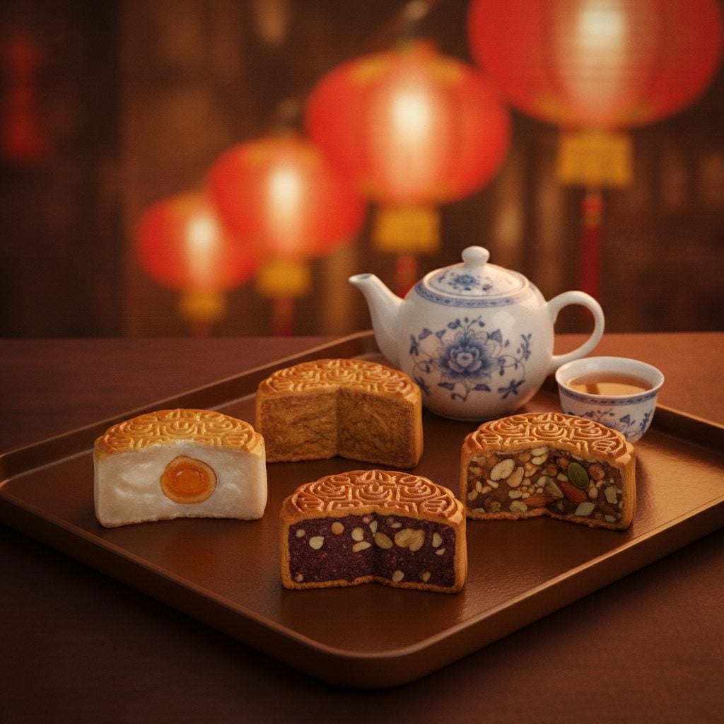 Four sliced mooncakes showing the stamped golden lattice tops and rich fillings under paper lanterns
