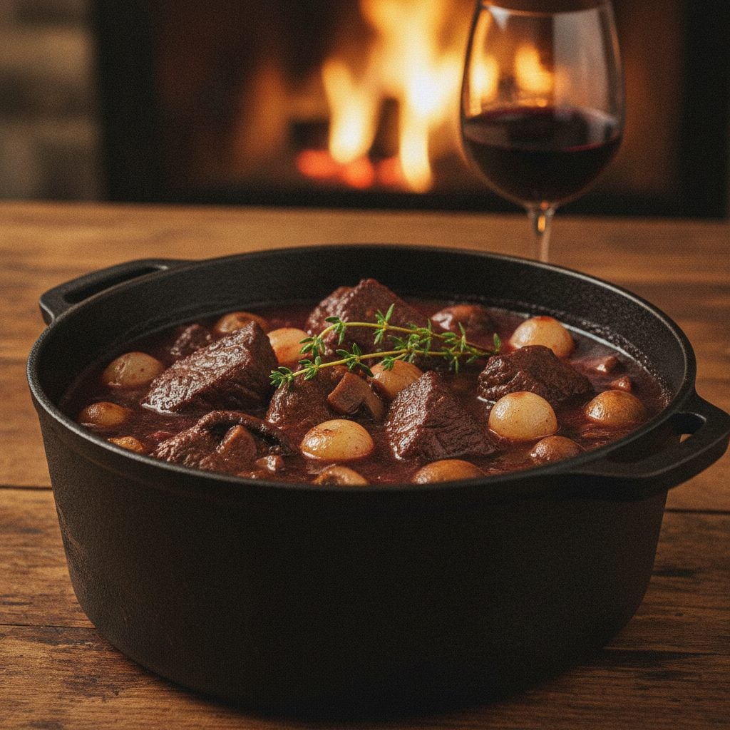 Cast-iron Dutch oven of moose bourguignon stew with pearl onions mushrooms and red wine sauce