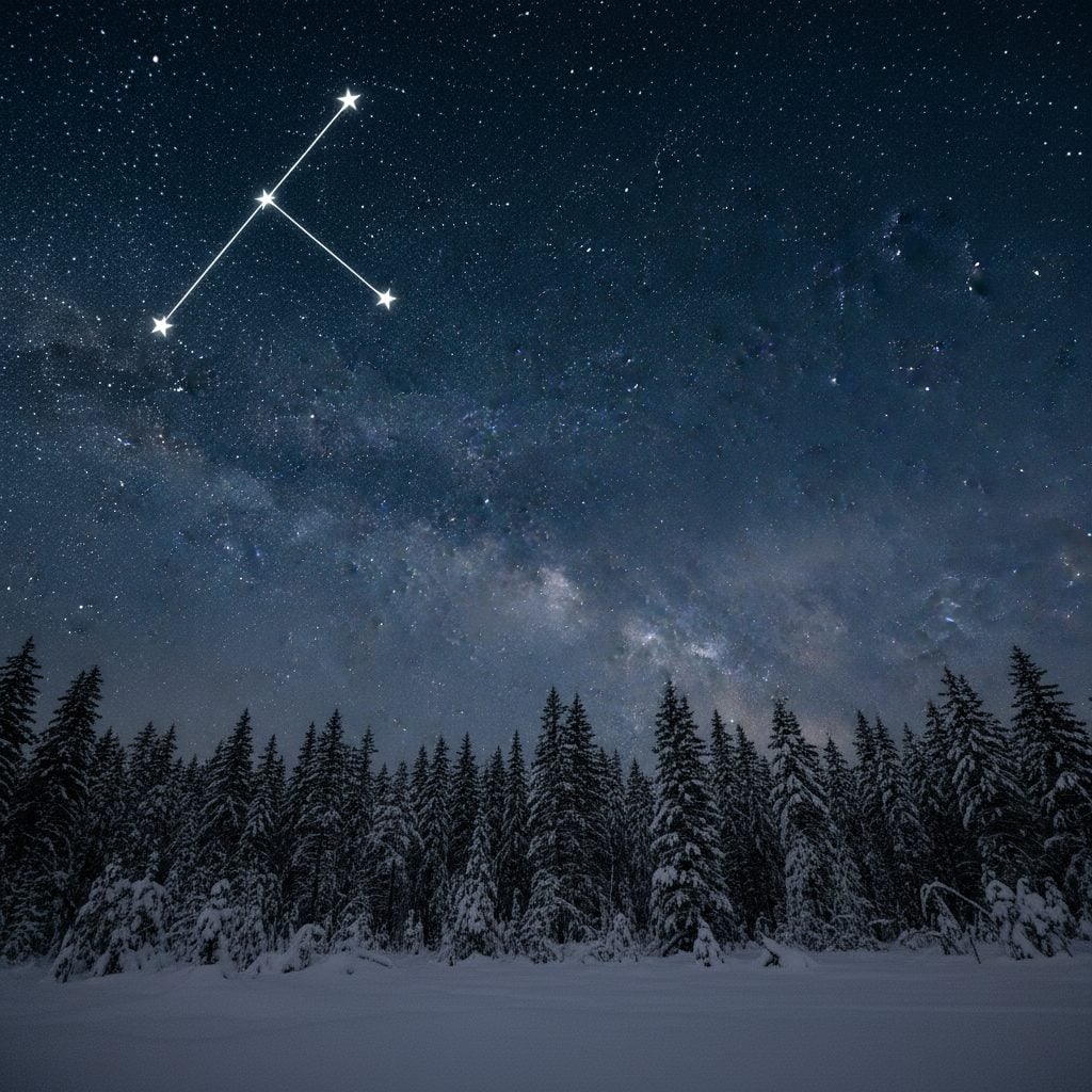 Winter night sky full of stars with the constellation Orion's three-star belt visible above a snow-covered evergreen treeline and a faint band of the outer Milky Way