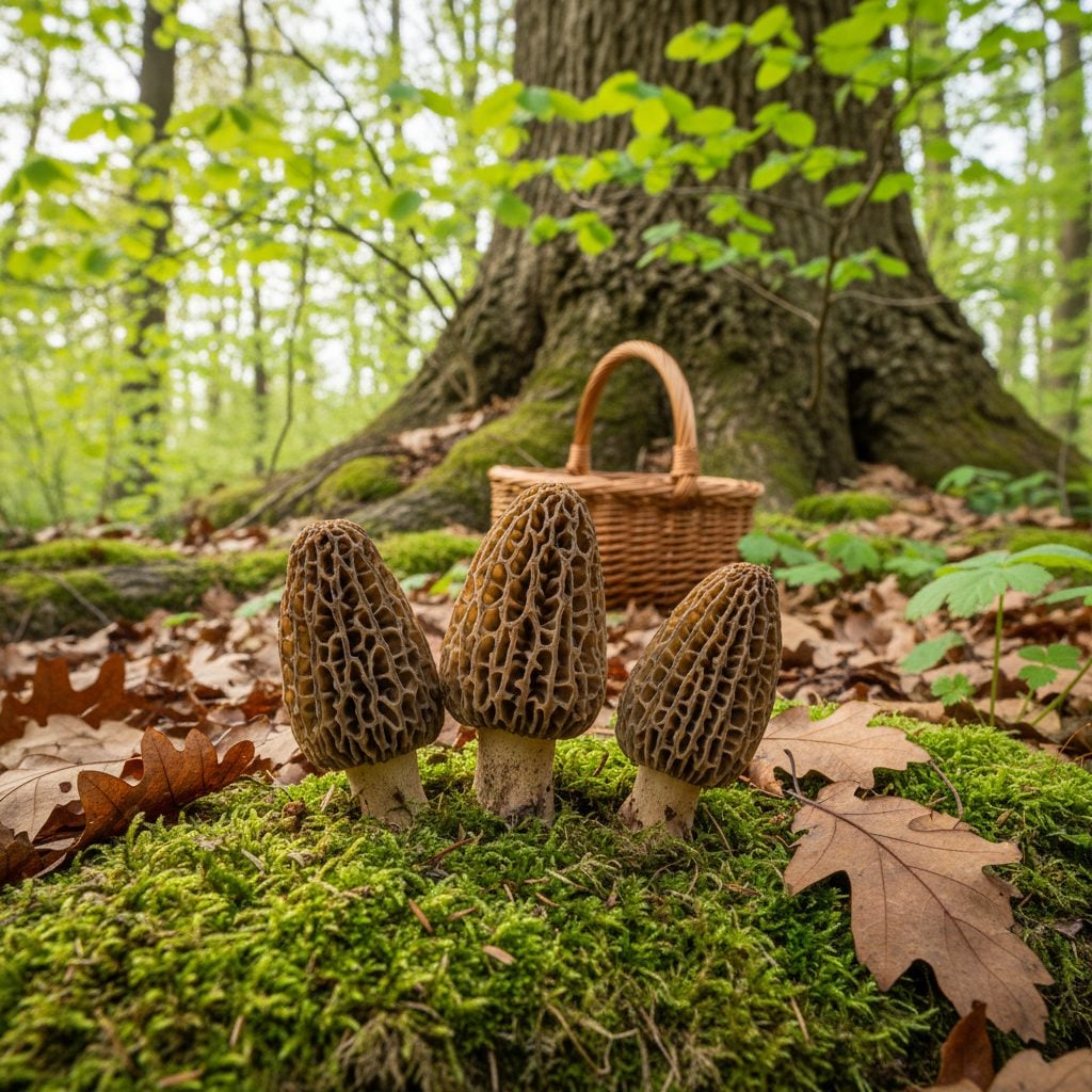 Three freshly foraged morel mushrooms with honeycomb caps on a bed of moss and oak leaves beneath a hardwood tree in dappled spring sunlight