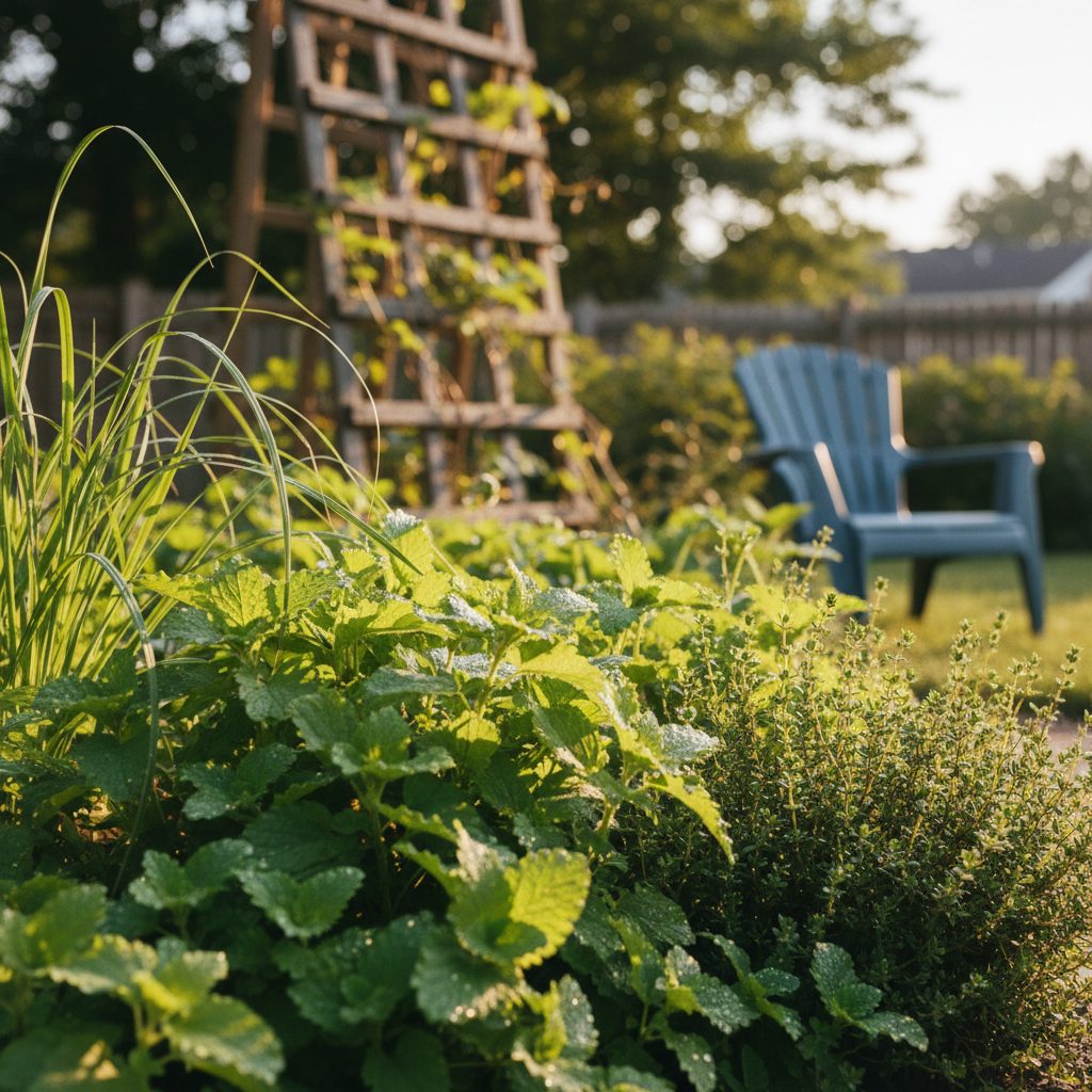 Lemon balm, lemon thyme, and lemongrass growing together in a backyard herb bed, a classic mix of mosquito-repelling plants for summer
