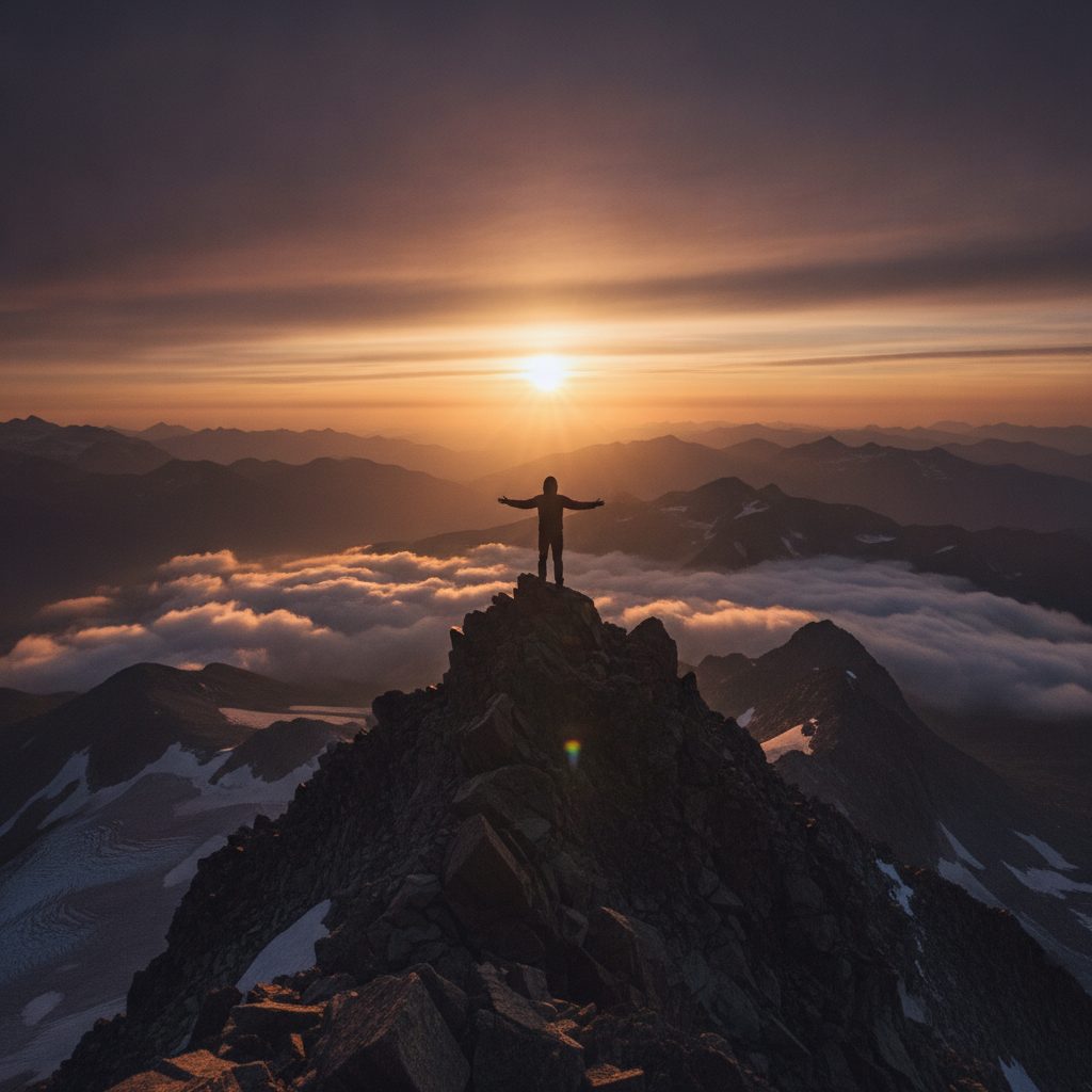 Silhouetted hiker at a mountain ridge summit watching the sunrise emerge over distant peaks below in warm golden alpine light.