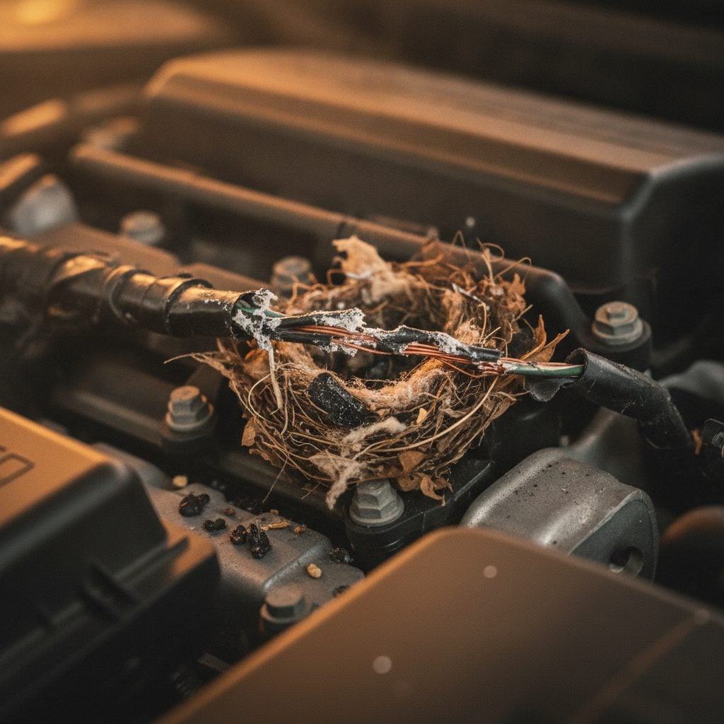 Chewed wiring harness inside a car engine bay with visible mouse damage and a small nest of leaves and insulation in soft garage light.