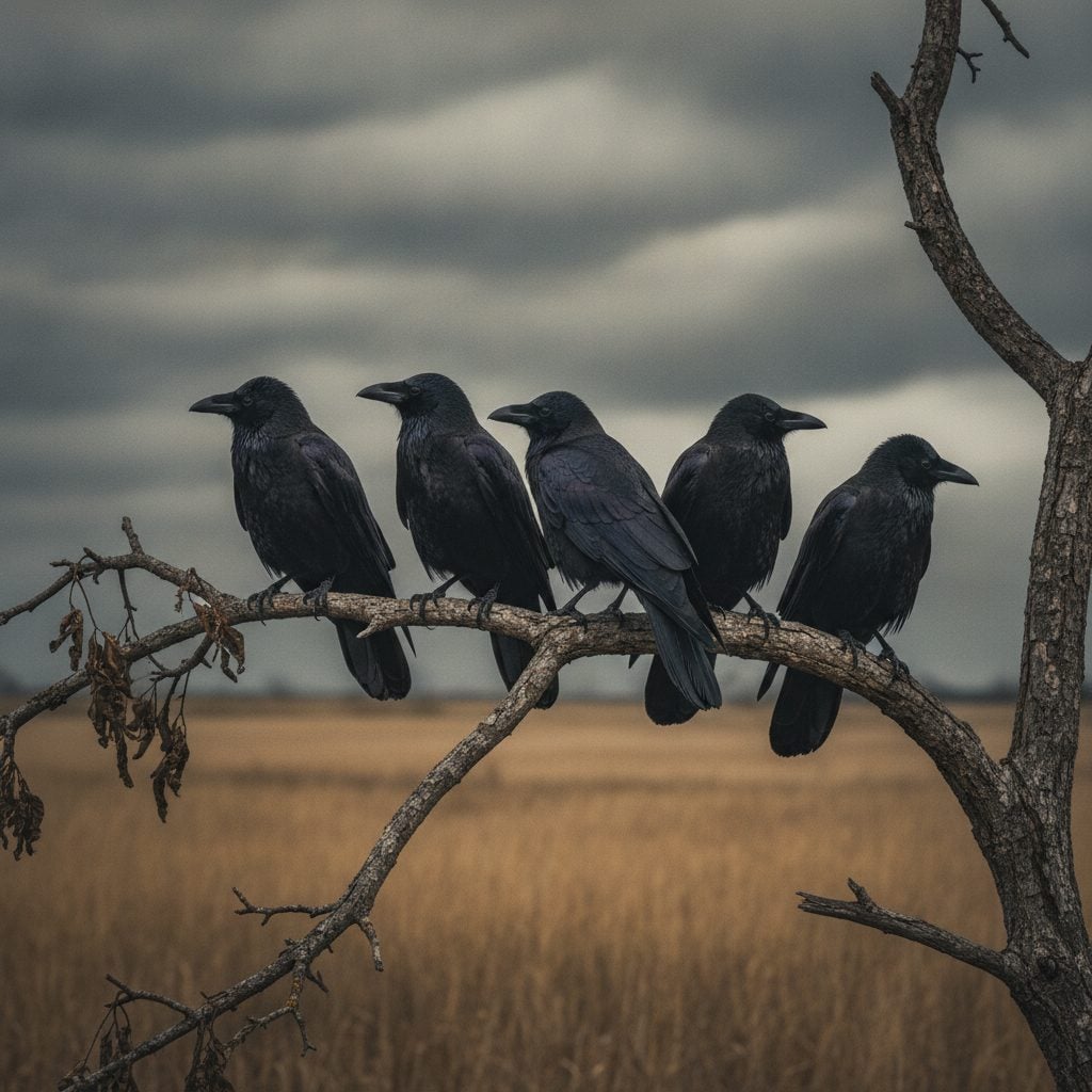Small flock of dark glossy crows perched on a bare autumn tree branch under a moody overcast sky.