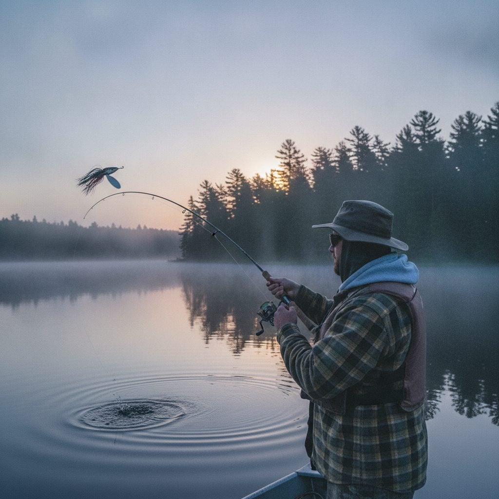 Fisherman casting a large lure for muskellunge in a quiet northern Wisconsin lake at dawn in soft cool light.