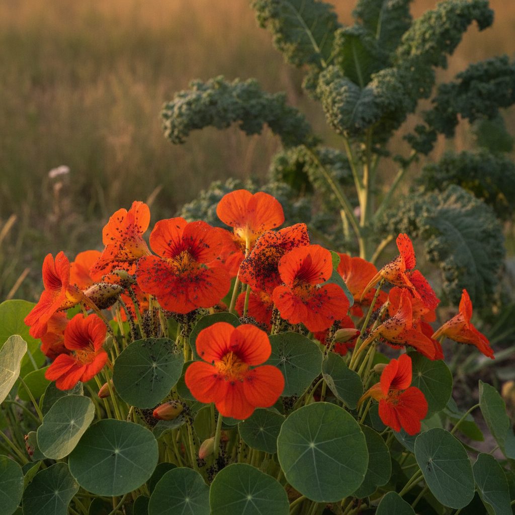Bright red nasturtium flowers covered in clustered black aphids with a thriving aphid-free kale plant in the background.