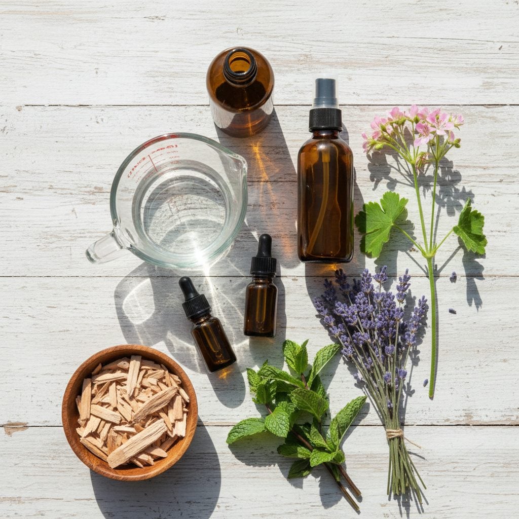 DIY natural bug repellents skin spray ingredients flat-lay: witch hazel, distilled water, essential oils, peppermint, lavender, cedarwood.