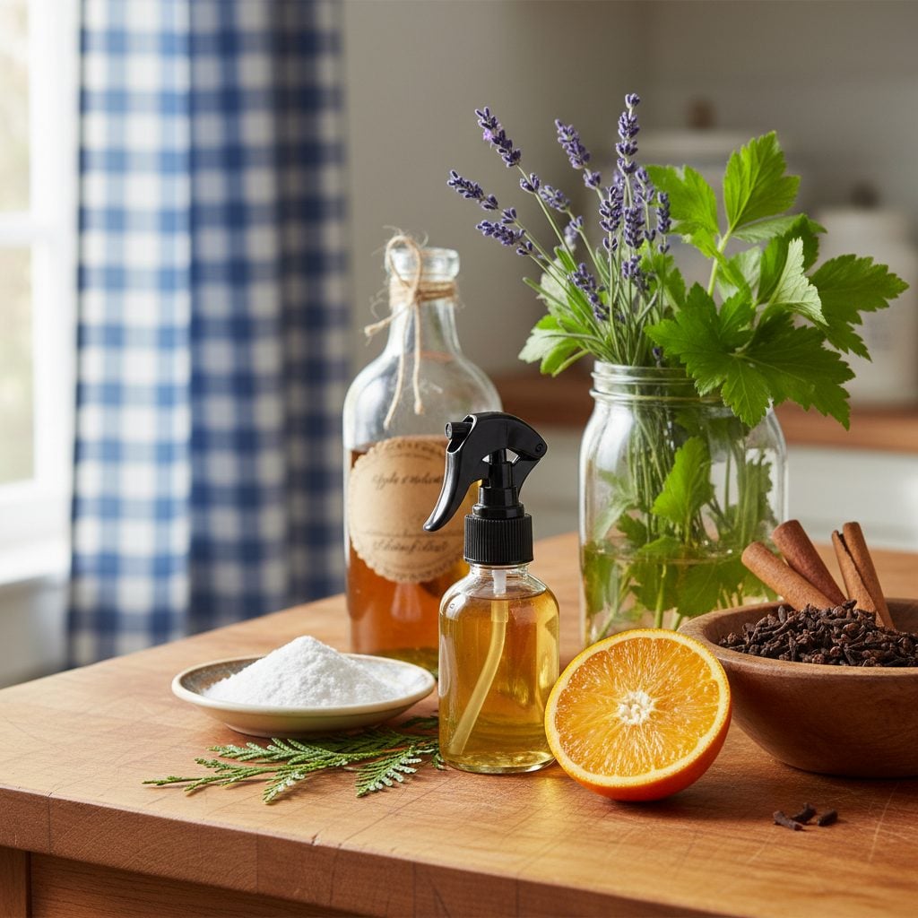 Natural bug repellents on a farmhouse kitchen counter: cinnamon, cloves, cedar, lavender, cream of tartar, apple cider vinegar, citrus.